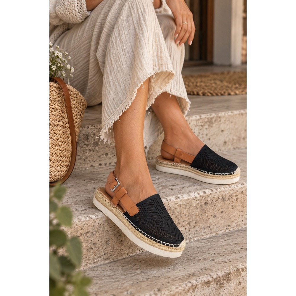 Vince Camuto Brettal Black Tan Leather Perforated Platform Espadrille Sandal 9.5